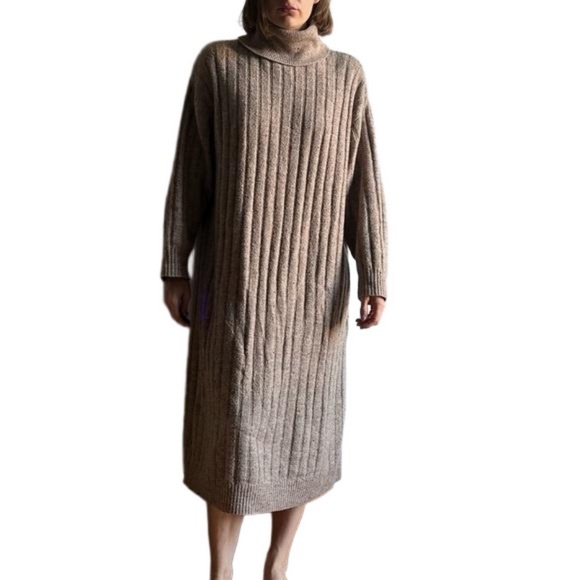 Mango Wool Blend Tan Ribbed Relaxed Turtleneck Midi Sweater Dress - Picture 1 of 11